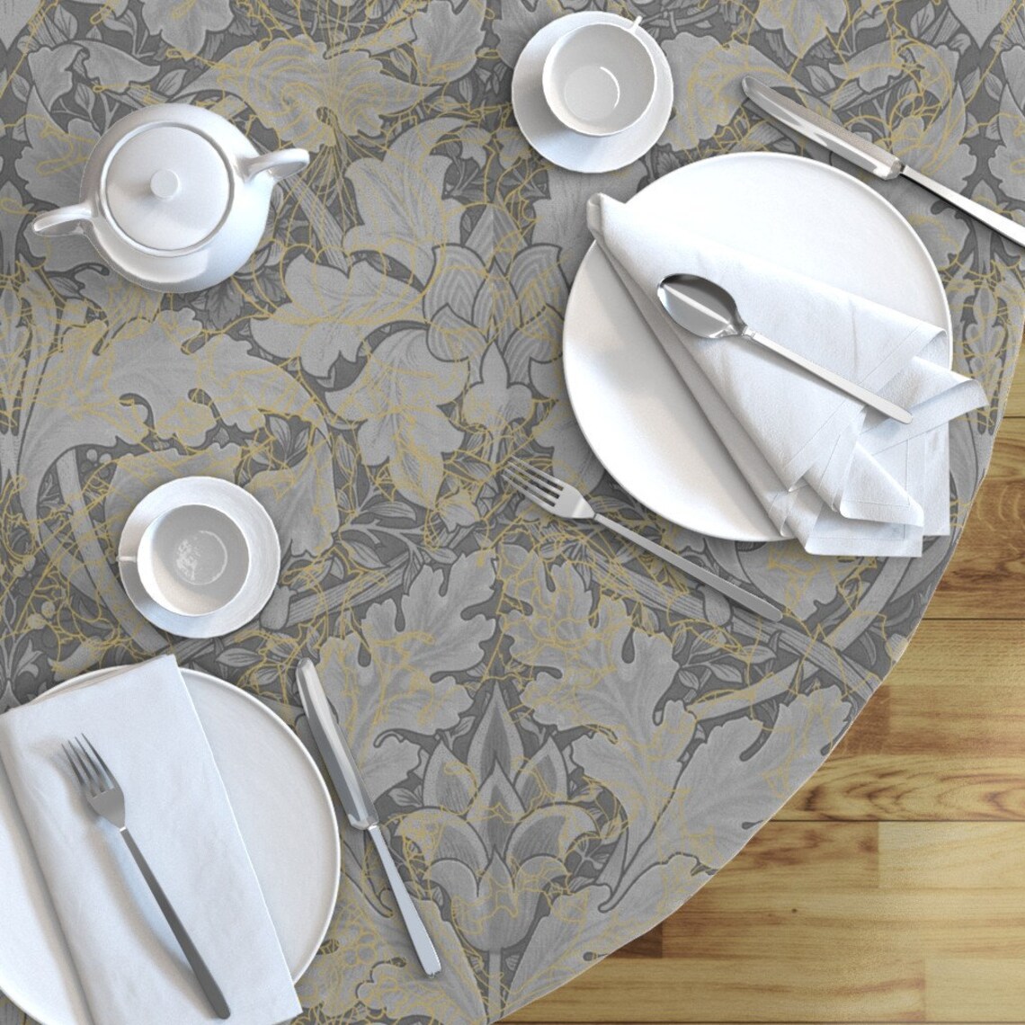 Blatt Damast Runde Tischdecke Grauer Garten Damast von | Etsy