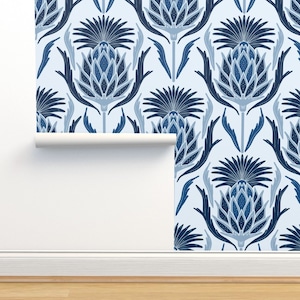 Thistle Damask Non-Pasted Wallpaper - Blue Thistle  by katie_hayes - Blue Thistle Plant Art Nouveau  Wallpaper Double Roll by Spoonflower