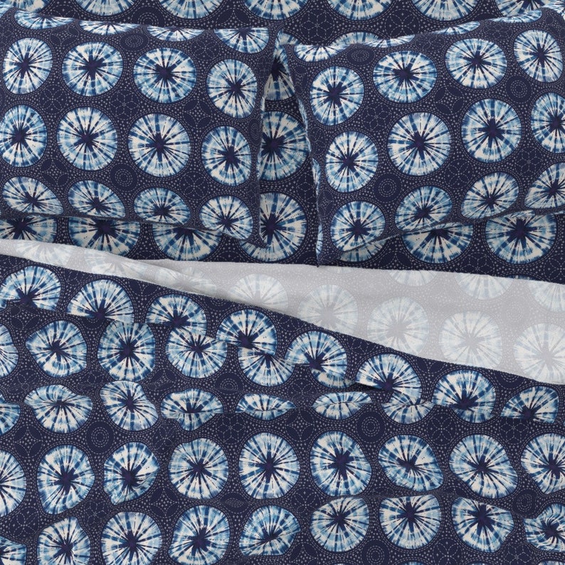 Indigo Shibori Japanese Inspired Cotton Sateen Sheet Set Bedding by Spoonflower Sashiko Print Sheets Shibori Sashiko by cerigwen