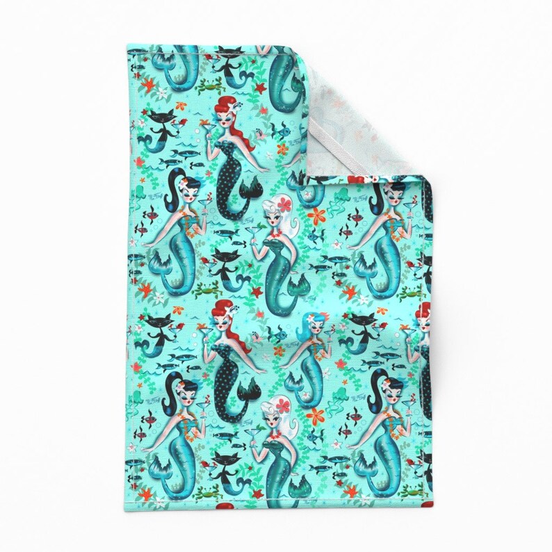 Aqua Retro Mermaids Tea Towels Set of 2 Martini Mermaids Etsy