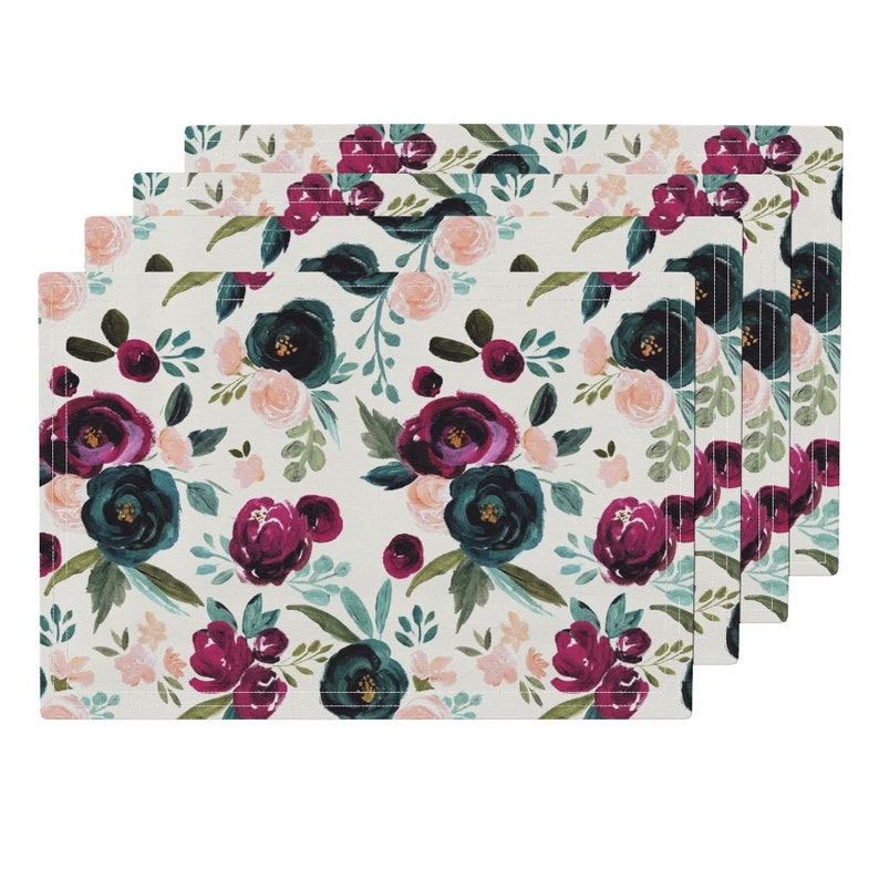 Set of 4 Boho Floral Placemats - Valentina Rose-pink Teal by crystal/_walen Watercolor Roses Cloth Placemats by Spoonflower