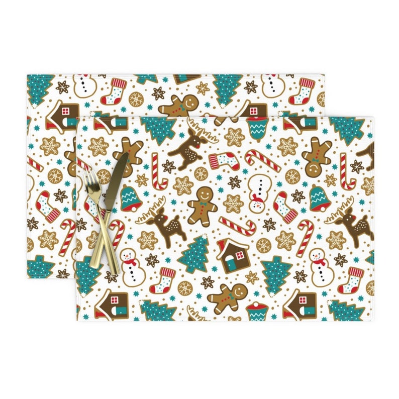 Christmas Placemats Set of 2 Gingerbread Cookies On White Etsy
