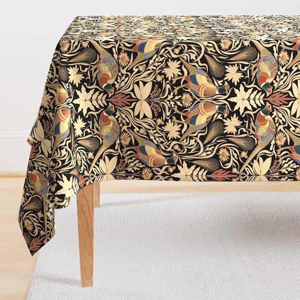 Pheasants Tablecloth - Pheasants by boszorka - Birds Botanical Floral Wildlife Black Cream Cotton Sateen Tablecloth by Spoonflower