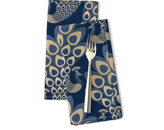 Deco Peacock Dinner Napkins Set of 2 - Exotic Bird Elegant Animal Large Scale Cloth Napkins - Blue Gold Art Deco Peacock by marketa_stengl