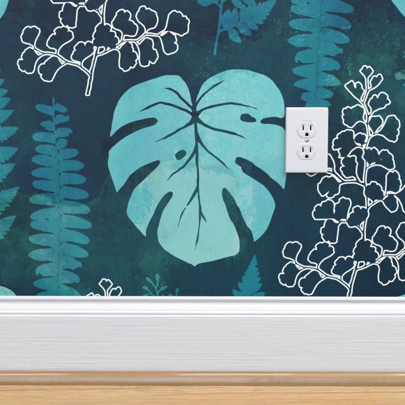 Jungle Wallpaper Dark Green Teal Tropical Leaves by adenaj Etsy