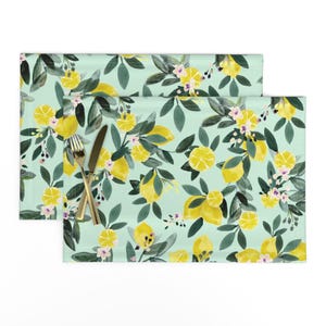 Yellow Placemats (Set of 2) - Dear Clementine - Lemons Mint by crystal_walen - Flowers Mint Citrus Lemons Cloth Placemats by Spoonflower