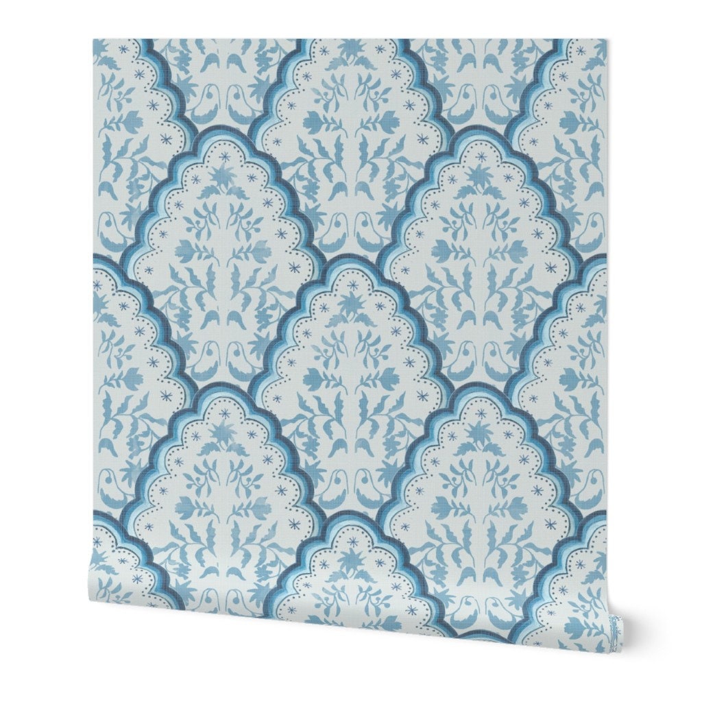 Paisley Floral Wallpaper Blue Scalloped Paisley by - Etsy
