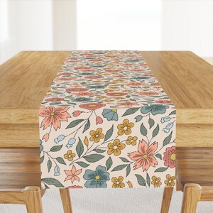 Può includere: Una tovaglia floreale con sfondo crema, ornata da un motivo ripetuto di fiori rosa, blu e gialli e foglie verdi. La tovaglia è posizionata su un tavolo di legno, aggiungendo un tocco di colore e stile alla sala da pranzo.