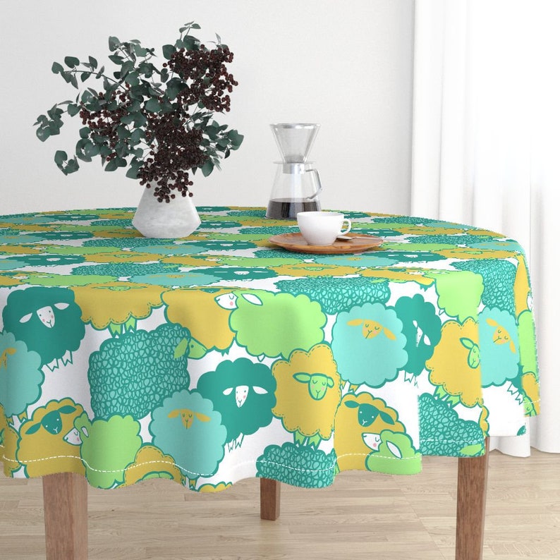 Sheep Shape Teal Yellow by leanne Round Tablecloth Animals Whimsical Children/'s Cotton Sateen Round Tablecloth by Roostery Spoonflower