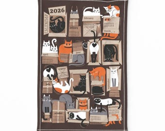 2026 Calendar Tea Towel - Cat Box Calendar by selmacardoso - Cats Cardboard Boxes Moving Pets Linen Cotton Canvas Tea Towel by Spoonflower