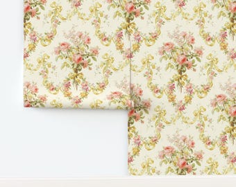 Victorian Roses Non-Pasted Wallpaper French Cottage Shabby Chic - Queen Alexandra Floral by peacoquettedesigns Wallpaper by Spoonflower