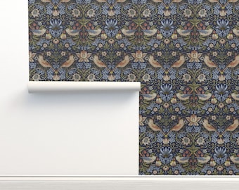 Victorian Floral Non-Pasted Wallpaper William Morris - Strawberry Thief by peacoquettedesigns Wallpaper Double Roll by Spoonflower