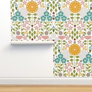 Scandinavian Non-Pasted Wallpaper - Maximalist Folk Meadow by wolflingblue - Botanical Folk Art  Wallpaper Double Roll by Spoonflower