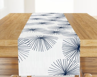 Mid Century Mod Table Runner - Dandelions White Blue by friztin - Abstract Dandelions White Navy Cotton Sateen Table Runner by Spoonflower