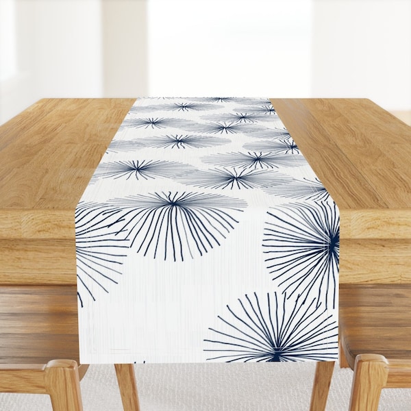 Mid Century Mod Table Runner - Dandelions White Blue by friztin - Abstract Dandelions White Navy Cotton Sateen Table Runner by Spoonflower