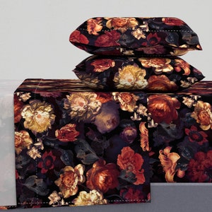 Dark Moody Floral Sheets - Dutch Midnight Roses by utart - Maximalist Baroque Garden  Cotton Sateen Sheet Set Bedding by Spoonflower