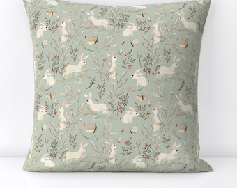 Whimsical Bunnies Throw Pillow - Bunnies Dusky Green by katherine_quinn - Easter Bunny   Decorative Square Throw Pillow by Spoonflower