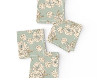 Peonies Cocktail Napkins (Set of 4) - Mint Peony by conroycreekdesigns -  Green Cream Flowers Floral Whimsical Cloth Napkins by Spoonflower