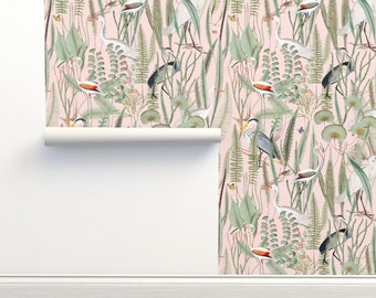 Coastal Birds Non-Pasted Wallpaper Beachy Elegant Marsh Pink Heron - Herons In Marsh  by judithkrohn Wallpaper Double Roll by Spoonflower