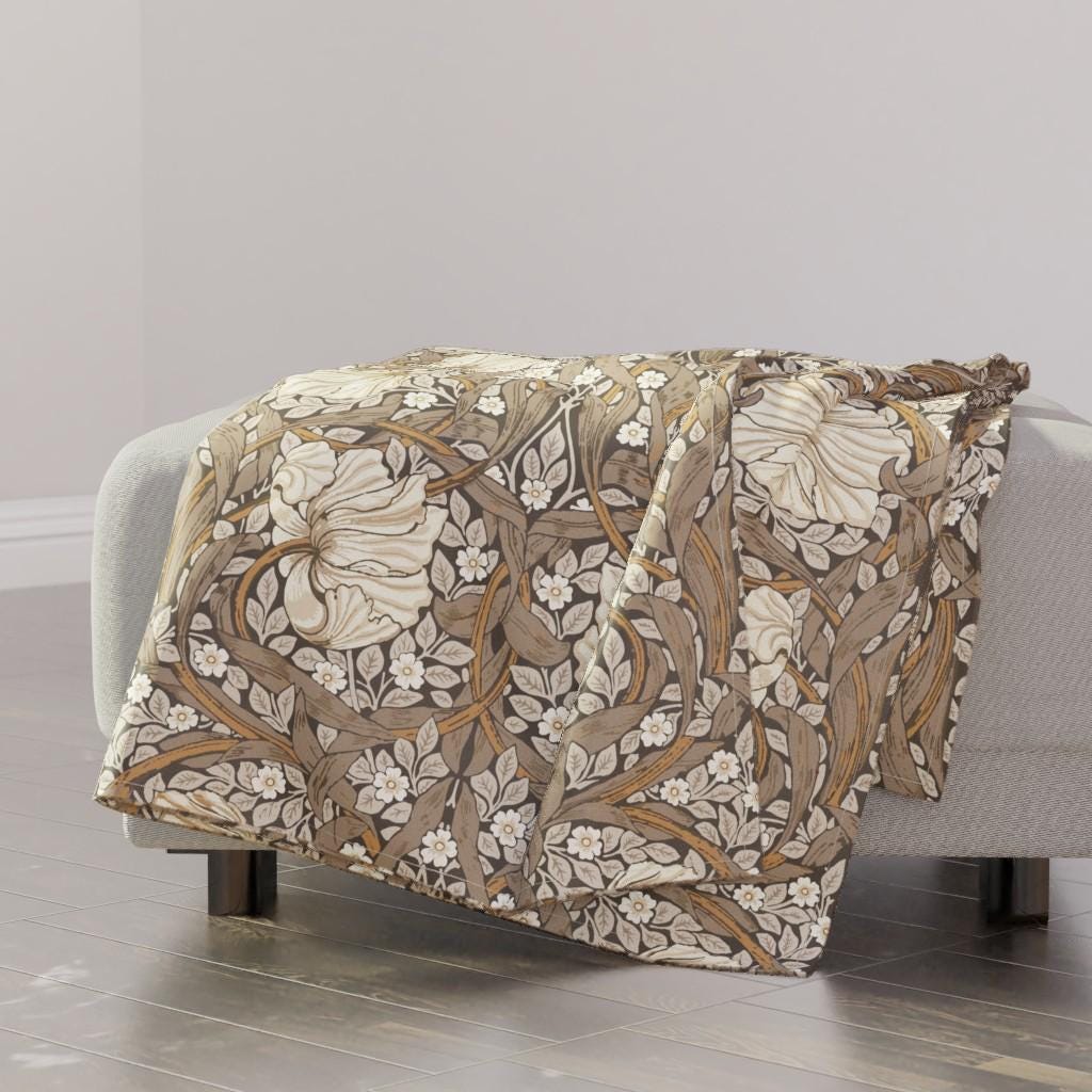 William Morris Throw Blanket - Large Cocoa Pimpernel  by whimsy&mojo - Vintage Neutral Victorian Throw Blanket with Spoonflower Fabric