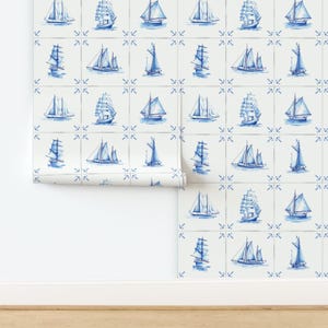 Watercolor Non-Pasted Wallpaper Boats Nautical Farmhouse - Traditional Sailing Ships And Anchors by meikekohls Wallpaper by Spoonflower