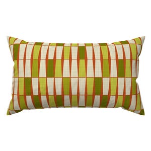 May include: Rectangular decorative pillow with a geometric pattern. The design features vertical columns of alternating colors: light green, orange, and off-white. The pillow has a textured appearance, suggesting a woven fabric.