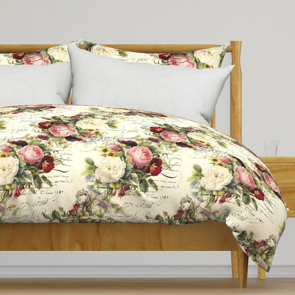 Vintage Roses Bedding - Rosey Document by peagreengirl - Shabby Chic Handwriting Cotton Sateen Duvet Cover OR Pillow Shams by Spoonflower