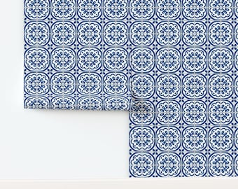 Blue Farmhouse Tile Non-Pasted Wallpaper Moroccan Squares Mexican Mosaic Kitchen - Farmhouse Tile by 3rittanylane Wallpaper by Spoonflower