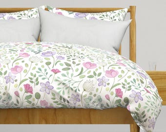 Watercolor Florals Bedding - Posie Lilac by willowlanetextiles - Pastel Flowers Cotton Sateen Duvet Cover OR Pillow Shams by Spoonflower