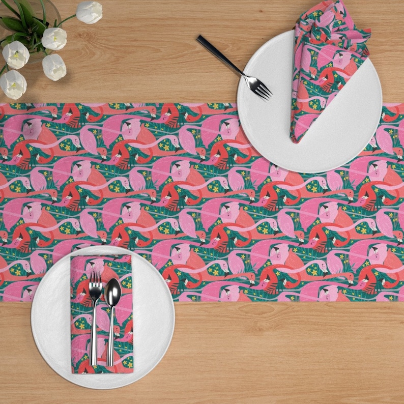 Pink Flamingo Table Runner Flock Of Flamingos by michaelzindell Bright Tropical Summer Jungle Cotton Sateen Table Runner by Spoonflower