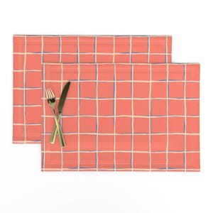 Coral Grid Placemats (Set of 2) - Coral Pink Pool Tiles  by daria_rosen - Modern Plaid Brushstrokes Tiles  Cloth Placemats by Spoonflower