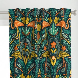 Flamingo Curtain Panel - Umber Jungle  by cassandra_oleary - Bright Damask Orange Mustard Gold Custom Curtain Panel by Spoonflower
