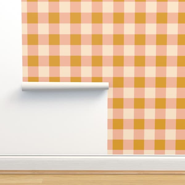 Plaid Commercial Grade Wallpaper - Pink Gingham Large by sarahxoclark - Gingham Pink Yellow Mustard Wallpaper Double Roll by Spoonflower
