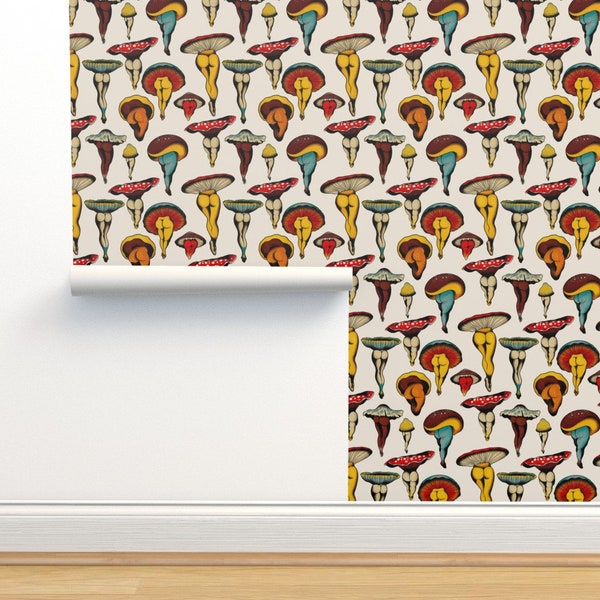 Mushroom Butt Commercial Grade Wallpaper - Sexy Mushrooms by cecilia_granata - Vintage Inspired Kitschy Wallpaper Double Roll by Spoonflower