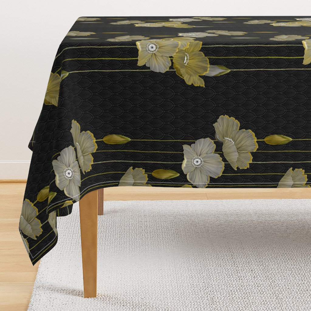 Art Deco Tablecloth Big Golden Poppies by j9design Vintage 1920s Glam Floral Black Soft Gold Cotton Sateen Tablecloth by