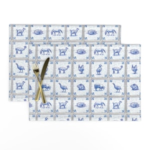 Delft Blue Placemats (Set of 2) - Dutch Farm Tiles by galleryinthegardendesigns - Farm Animals Whimsical  Cloth Placemats by Spoonflower