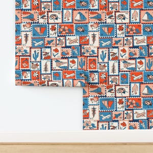 May include: A repeating pattern of colorful postage stamps with various illustrations, including a sailboat, a cactus, a ladybug, a plane, a bird, a flower, and a hand. The stamps are on a blue background with a white border.