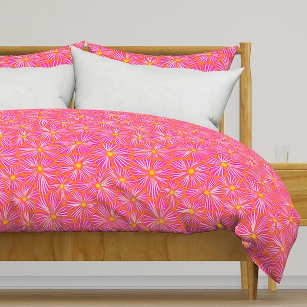 Hot Pink Floral Bedding - Retro Flowers by sandra_hutter_designs - Maximalist Cotton Sateen Duvet Cover OR Pillow Shams by Spoonflower