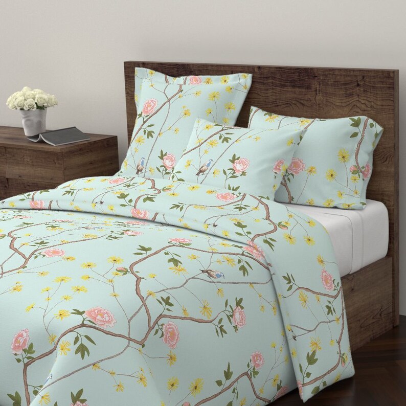 Chinoiserie Duvet Cover Jenny Peony On Mint By Domesticate Etsy