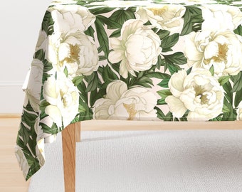 White Tablecloth - White Peonies by elven_daydreams -  Green Floral Plants Large Scale Garden Cotton Sateen Tablecloth by Spoonflower