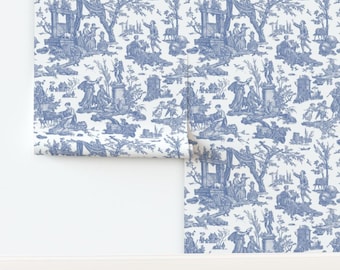 Papel pintado Country Toile sin adhesivo, azul y blanco, estilo Cottagecore - Toile francés en azul de pickychicken. Papel pintado de Spoonflower.