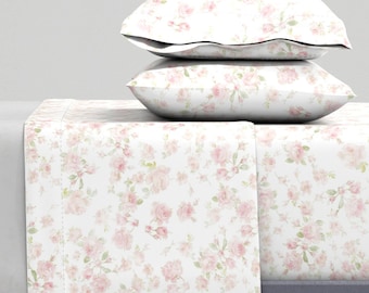 Pink Sheets - June Roses by lilyoake -  Blush Flowers Floral Pink Roses Wedding Aged Cotton Sateen Sheet Set Bedding by Spoonflower