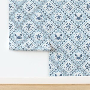 Faux Tile Non-Pasted Wallpaper Patchwork Coastal Beach House Starfish - Coastal Tiles Blue by rocketandindigo Wallpaper by Spoonflower
