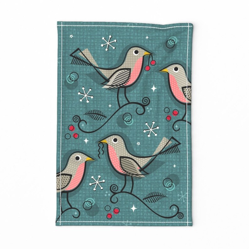 Robins In Winter by studioxtine Pink Vintage Blue Stars Retro Birds Winter Linen Cotton Canvas Tea Towel by Spoonflower Bird Tea Towel