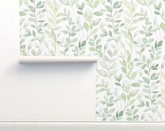 Soft Leaves Non-Pasted Wallpaper White Green Leaves Nature Branches Forest - Midsummer by lolahstudio Wallpaper Double Roll by Spoonflower
