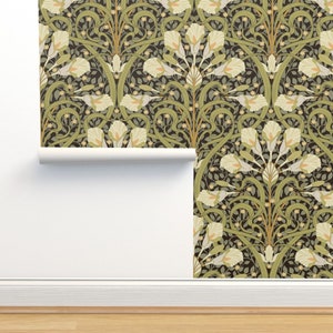Art Nouveau Non-Pasted Wallpaper - Floral Lilies by geetanjali - William Morris Style Cottage Wallpaper Double Roll by Spoonflower