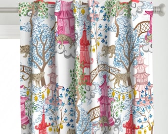 Pagoda Forest Curtain Panel - Chinoiserie Leopards Bright Whimsical Trees Custom Curtain Panel - Party Leopards Blue by danika_herrick -