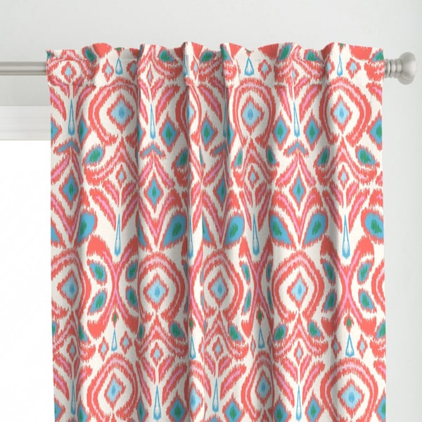 Summer Ikat Curtain Panel - Ikat Flower by vivdesign - Aqua Coral Large Scale Boho Tribal Style Custom Curtain Panel by Spoonflower