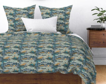 Summer Illustration Lake Cotton Sateen Flanged Pillow Sham by Spoonflower Canoes And Oars On The Lake by coitcreative Fish Pillow Sham