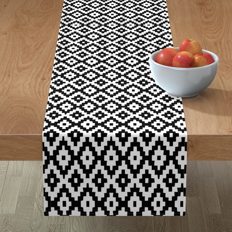 Kilim by gomboc Geometric Tribal Table Runner Black And White Kilim Inspired Cotton Sateen Table Runner by Spoonflower